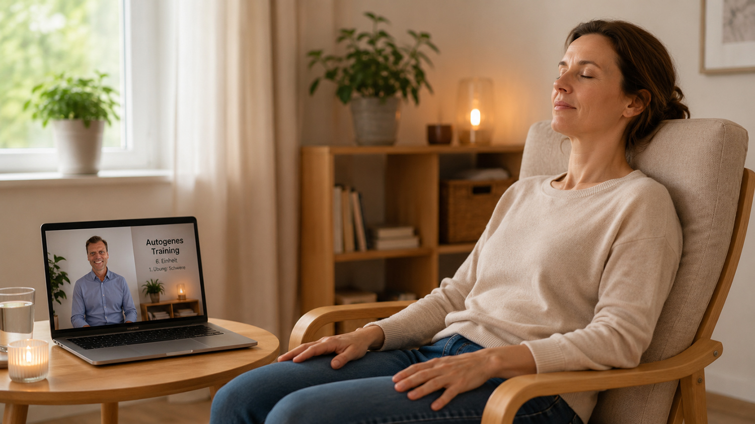 Person übt Autogenes Training entspannt zu Hause im Online-Kurs bei F. Ginter aus Leverkusen Person übt Autogenes Training entspannt zu Hause im Online-Kurs bei F. Ginter aus Leverkusen