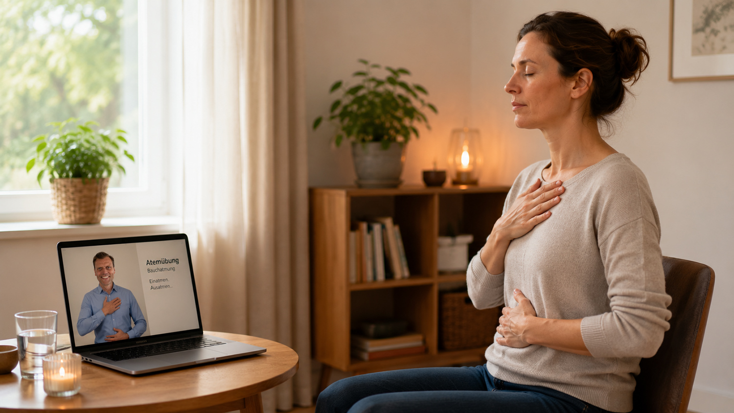 Person macht eine ruhige Atemübung im Online-Breathwork-Kurs bei F. Ginter aus Leverkusen