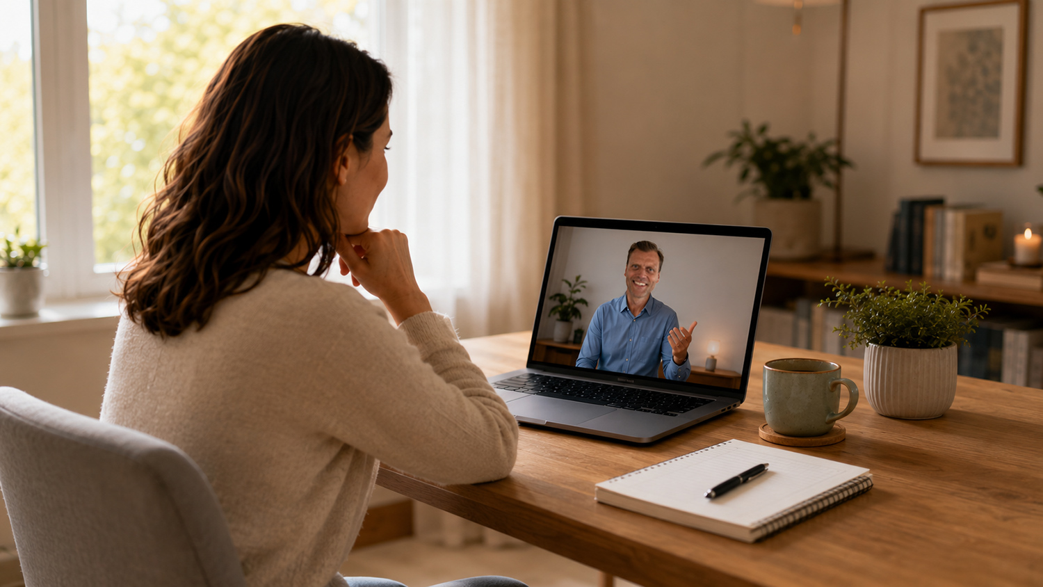 Coaching online aus Leverkusen – ruhiges Gespräch per Zoom am Laptop