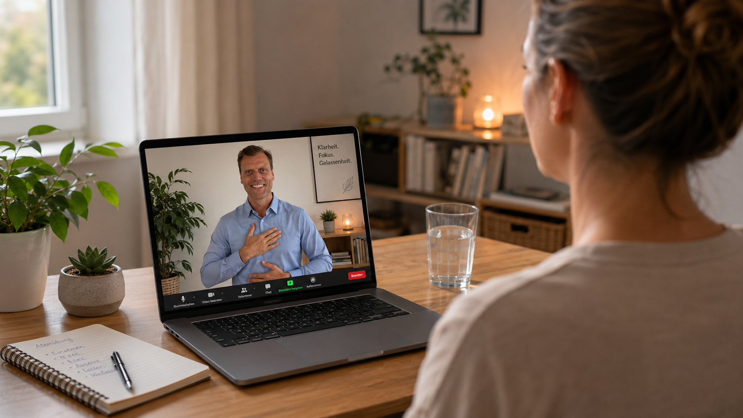 Teilnehmer folgt online per Zoom der Anleitung eines Entspannungskurses bei F. Ginter