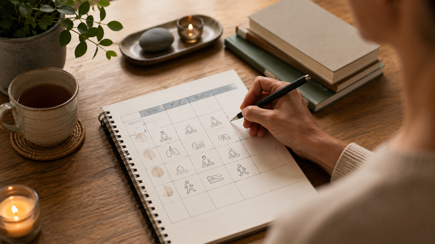 Handschriftlicher Wochenplan als persönliches Programm aus mehreren Entspannungsmethoden