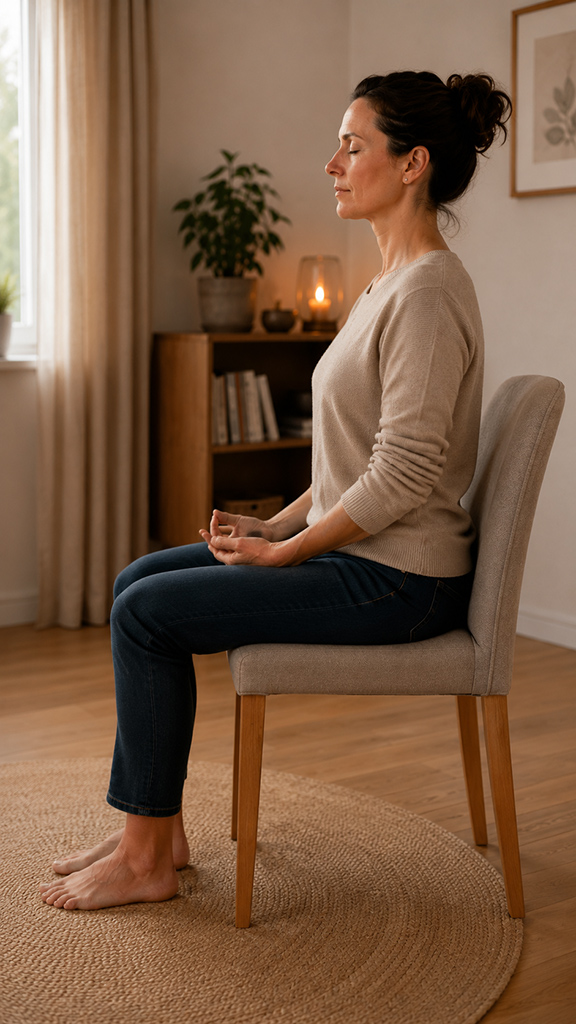 Aufrechte, wache Sitzhaltung auf einem Stuhl als Grundlage der Meditation