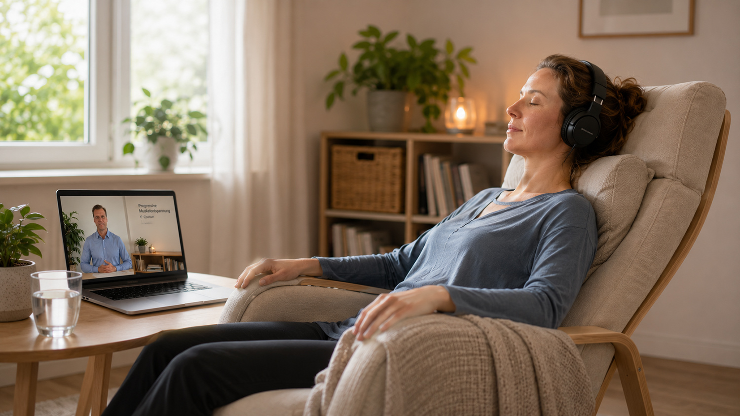 Person übt Progressive Muskelentspannung entspannt zu Hause im Online-Kurs bei F. Ginter aus Leverkusen Person übt Progressive Muskelentspannung entspannt zu Hause im Online-Kurs bei F. Ginter aus Leverkusen